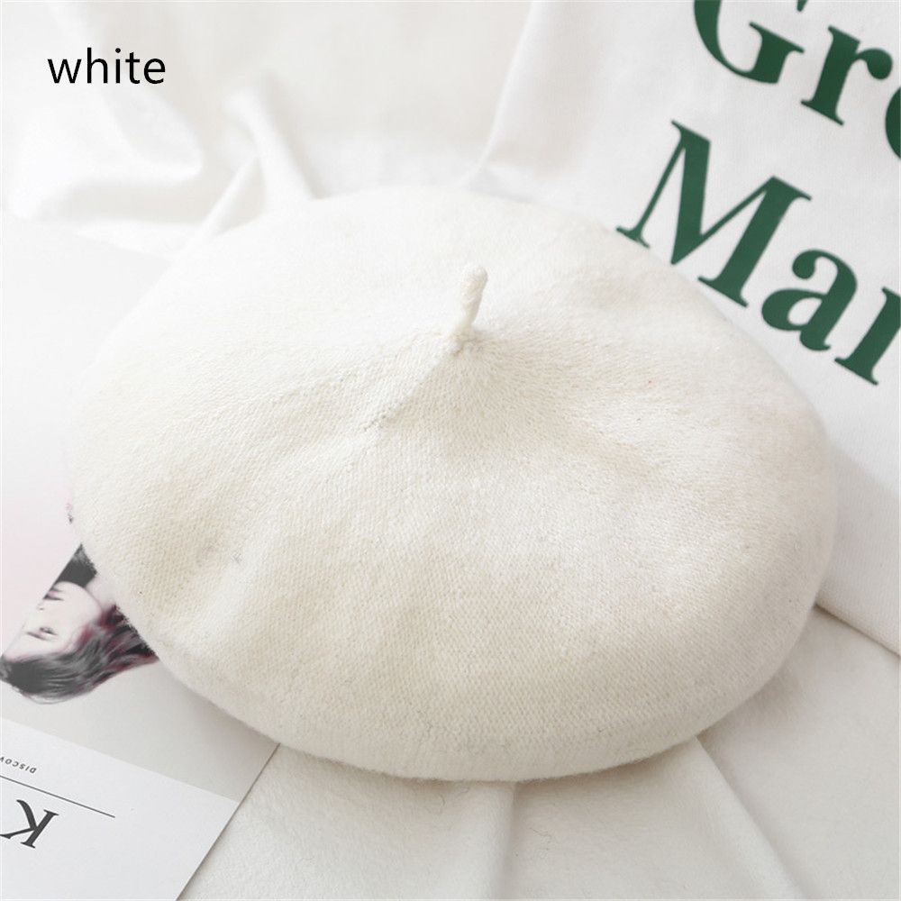 Gorros de boina de fieltro para otoño e invierno, sombrero de pintor francés a la para mujer, boinas de Color sólido a la para niñas, gorra plana multicolor para mujer: Blanco