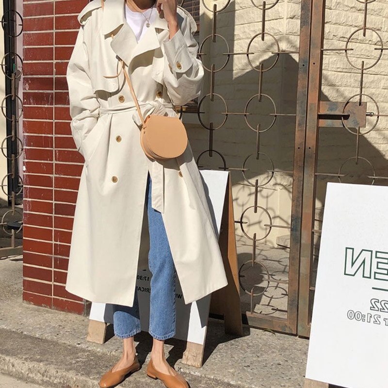 Trench-coat croisé pour femme avec ceinture, coupe-vent ample et long, vêtement d'extérieur chic pour femme, style coréen, collection printemps fy