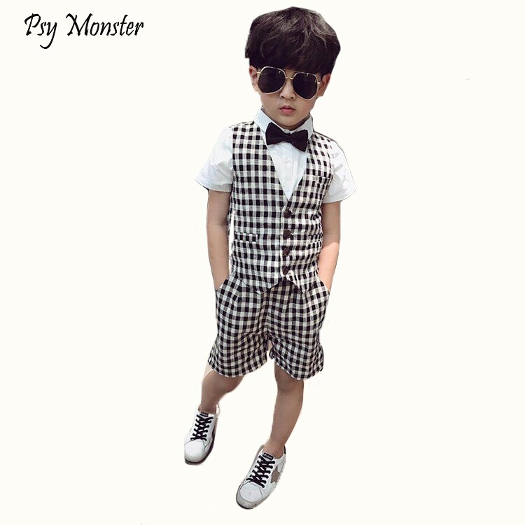 Ensemble de Costume formel à carreaux pour enfants, Costume de spectacle de fête pour garçons, Blazer et short, 2 pièces, été, automne