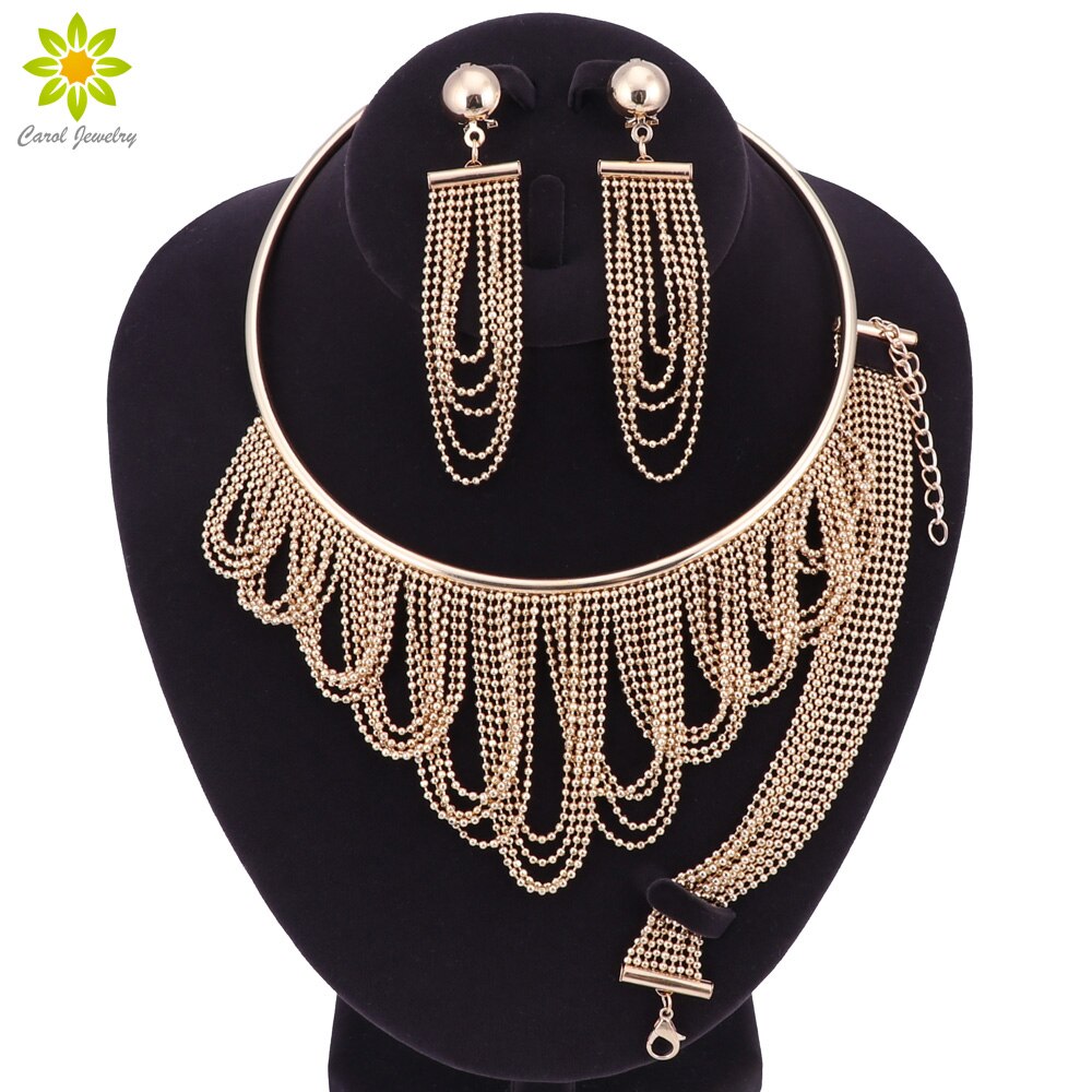 Nigerian Wedding African Beads Jewelry Sets Crystal Necklace Sets Gold Color Jewelry Set Wedding Accessories Party