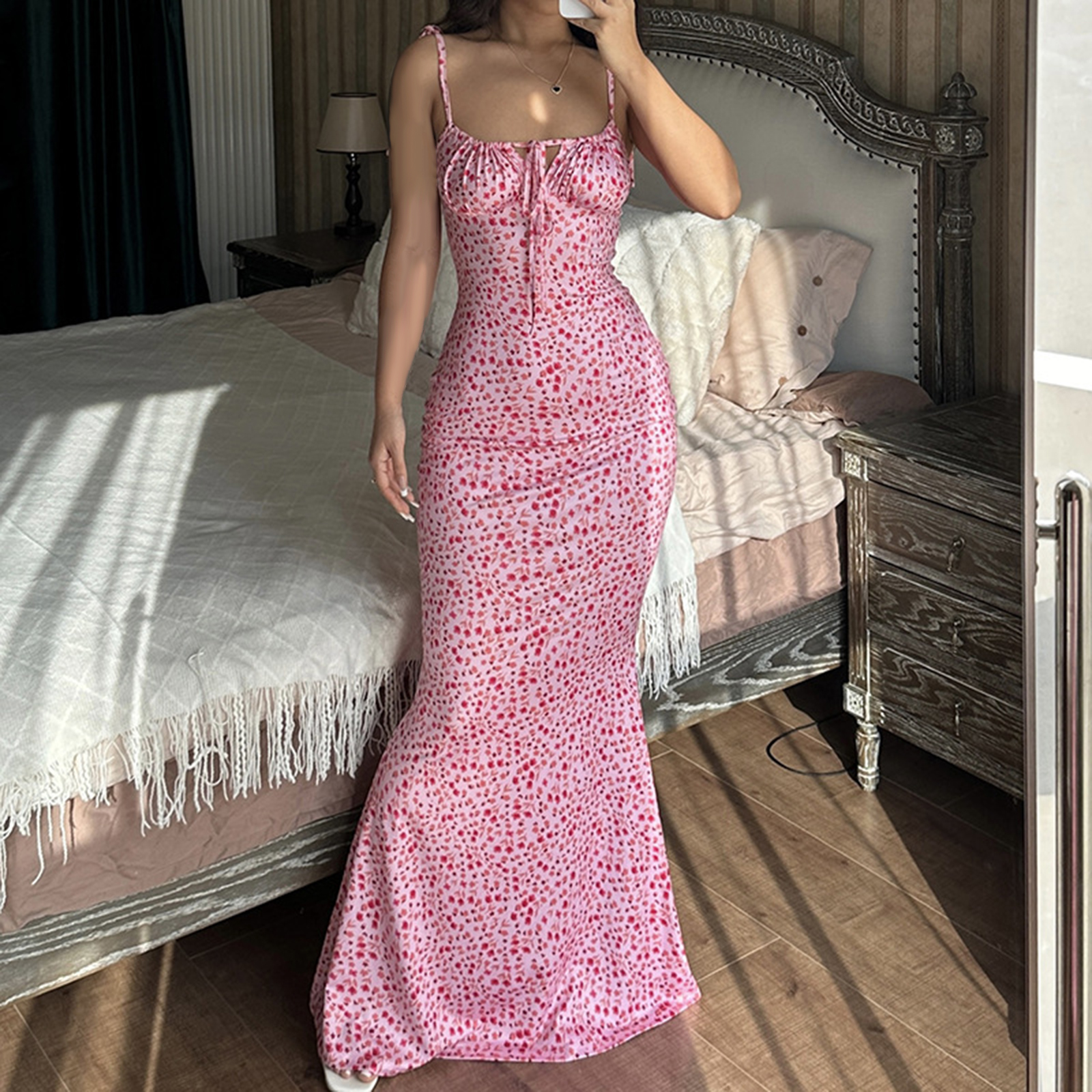 Sexede kjoler med spaghettistropper til kvinder, blomsterprint med snøre, slim fit og lange bodycon-kjoler, perfekt til sommer og forår