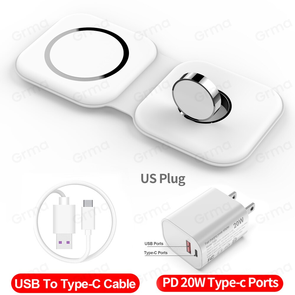 Caricabatterie Duo Wireless magnetico sicuro GRMA 2 in 1 Mag per iPhone 12 Pro Max mini 15W Qi caricabatterie rapido per Apple Watch iWatch AirPods: White With UK Plug