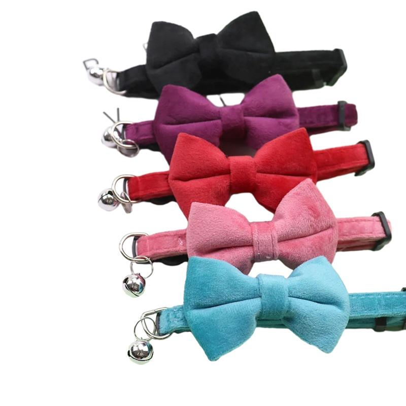Samt-schleifen-katzenhalsband mit verstellbarem sicherheitsverschluss, einfarbiges katzenhalsband mit glöckchen, haustierzubehör