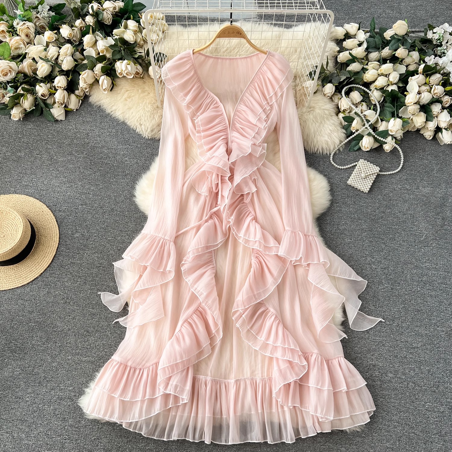 Süße Rüschen rosa lange Jacke Frauen Frühling Sommer Langarm eleganten Mantel Strand Stil Oberbekleidung oben Chaquetas Mujer: S