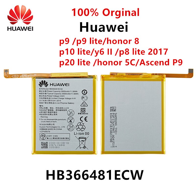 100% Orginal HB366481ECW Phone Battery For Huawei p9 /p9 lite honor 8 p10 lite y6 II p8 lite p20 lite Ascend P9 +Tools