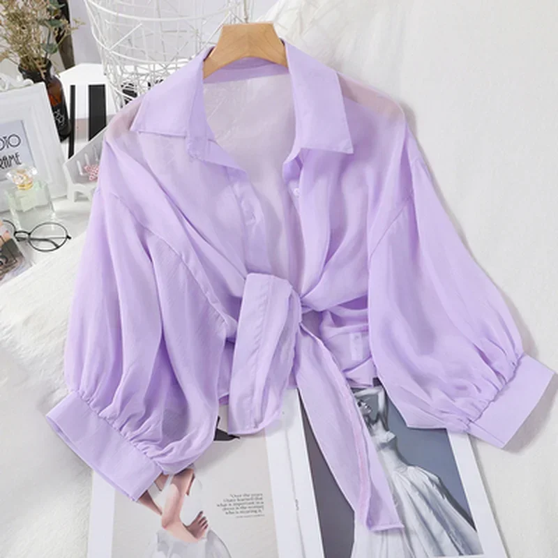 Blusa informal holgada de gasa con media manga para mujer, camisa con botones, cintura atada, primavera y verano, 9776: S / Morado
