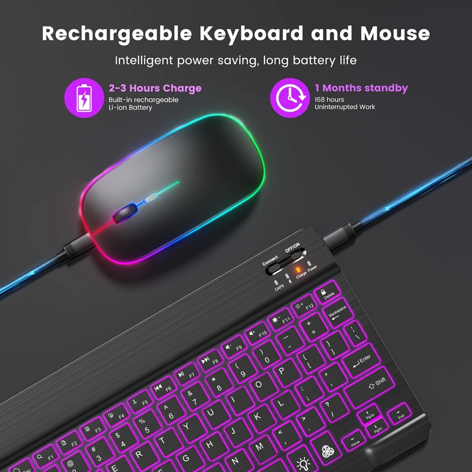 RGB-Bluetooth-Tastatur- und Maus-Set, kabelloses Mini-Tastatur- und Maus-Set, wiederaufladbare russische Tastaturen, 25,4 cm, für iPad-Tablet