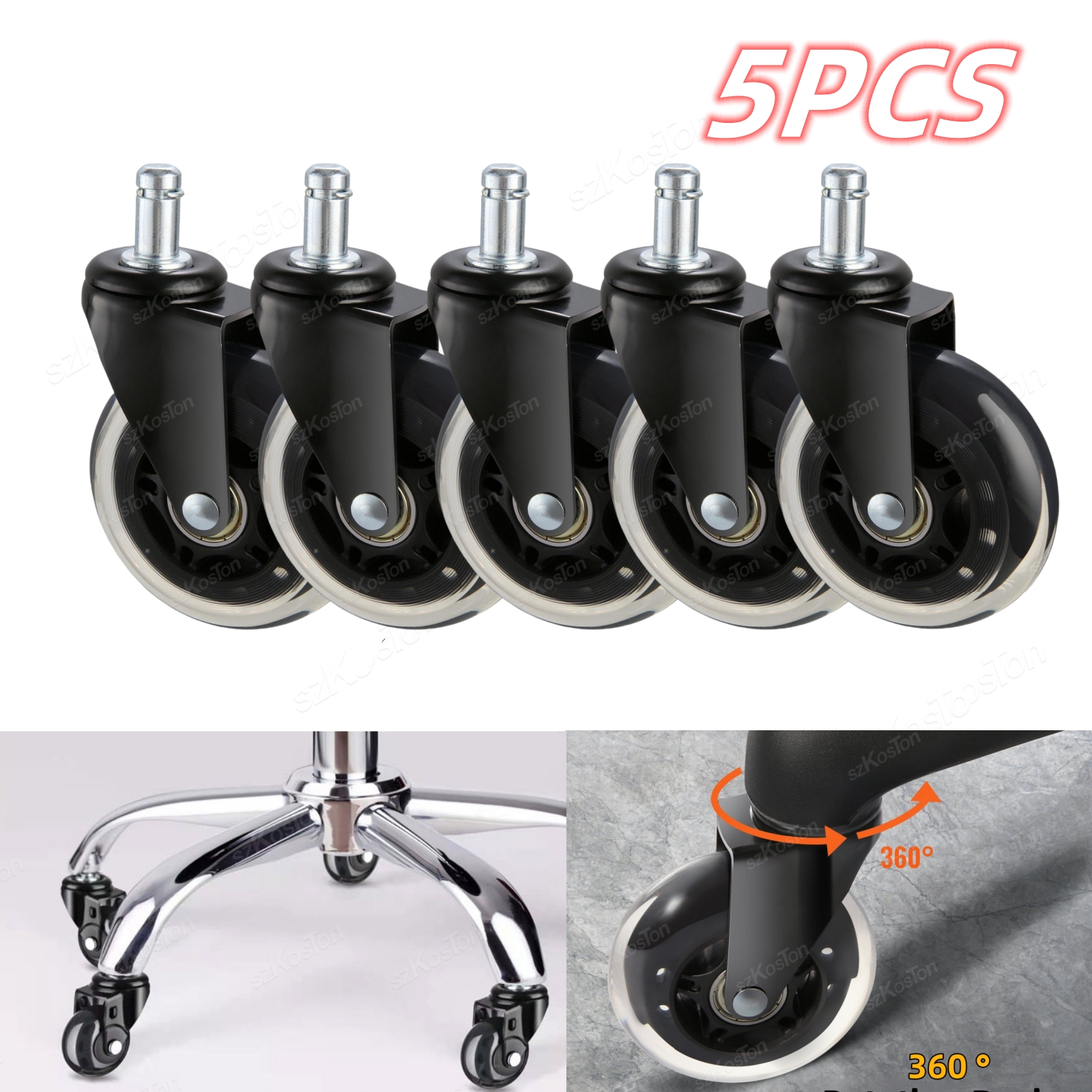 5 pcs office chair swivel casters, 10-11mm rubber wheels, soft, safe furniture casters, 3 inch universal wheel , 360 degree swivel wheel