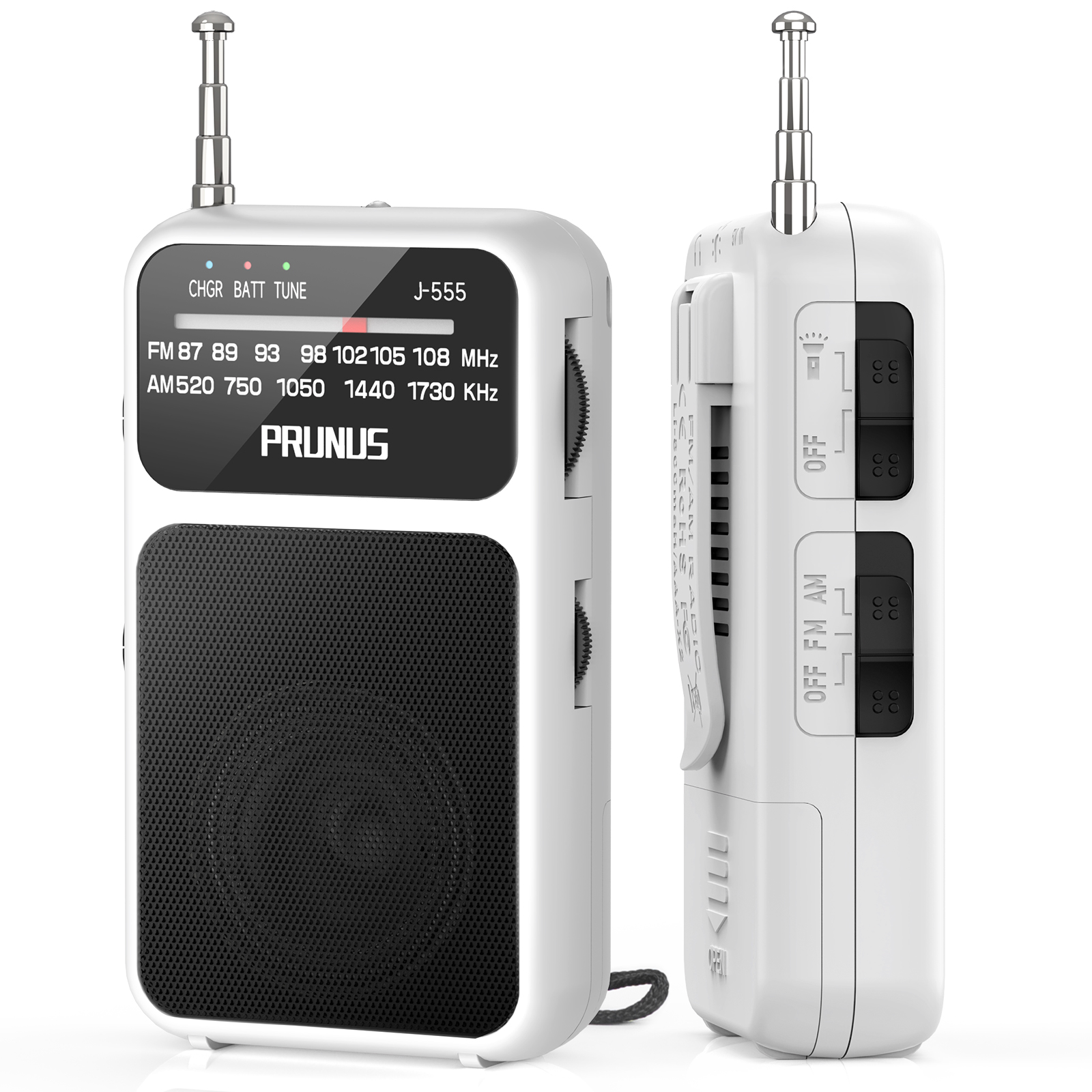 Mini Radio de bolsillo portátil AM FM AAA USB-C potencia 800mAh batería recargable excelente recepción altavoz transparente conector para auriculares: BLANCO