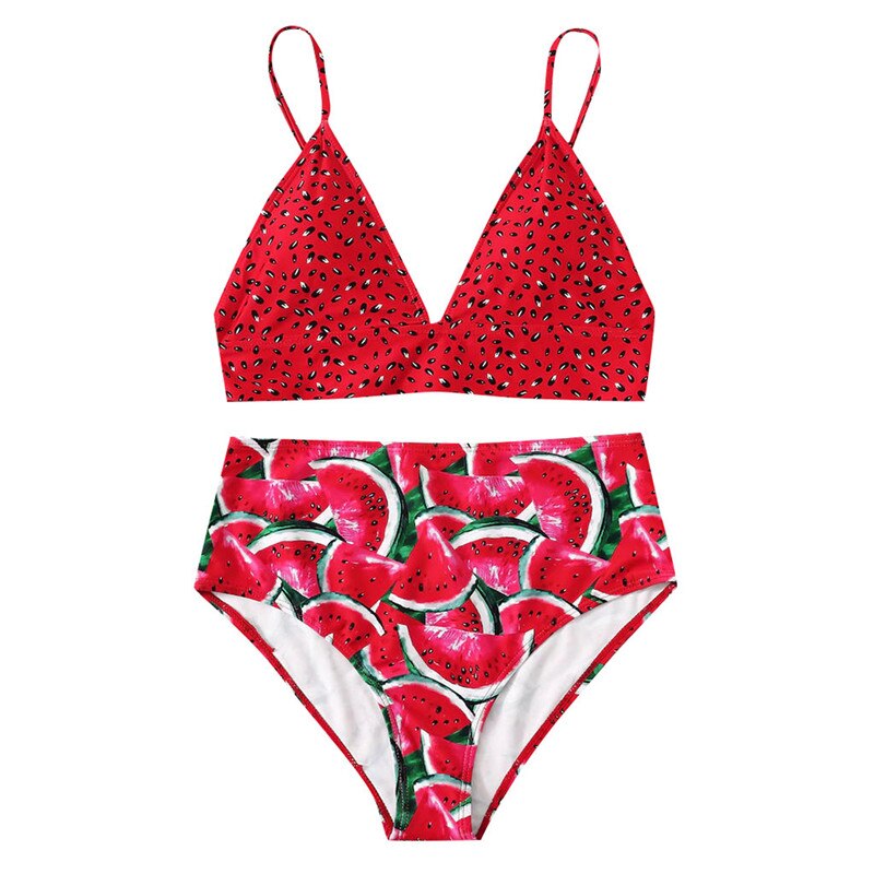 Traje de baño de dos piezas con estampado de sandía y frutas para mujer, traje de baño con efecto push-up para: Rojo / S