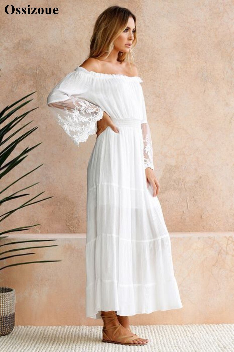 Bohemian Long White Prom Dresses 100% Illusion Lace Sleeves Embroidery Ankle Length A Line Women Summer Dress YSAN623
