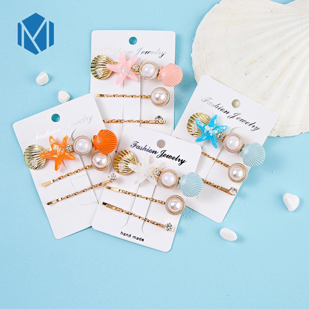 Fermagli per capelli in acrilico con stelle marino per donne e ragazze, forcine in metallo con perle e conchiglie, accessori per capelli da spiaggia