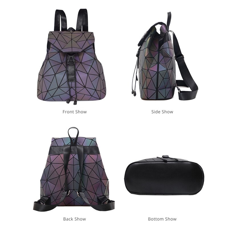 Ladies Luminous Set Backpack Geometric Shoulder Bag And Fold Clutch Bags Holographic School Girls Backpack