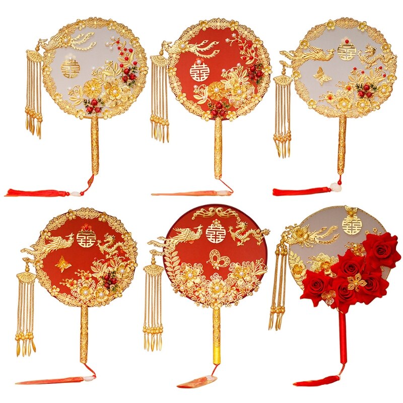 Abanico de estilo chino Vintage para decoración de bodas, abanicos decorativos para novia, redondos, de mano, para tradicional china