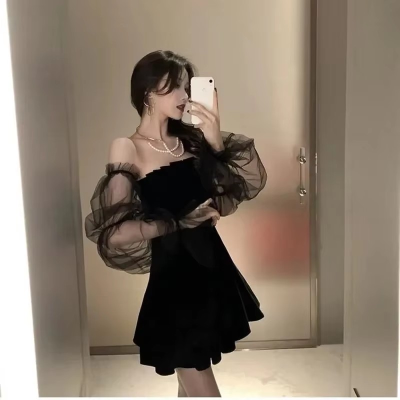 Black Retro Dress Women Lace Chiffon Mini Dress Female High Street Sexy Korean Women Club Dress
