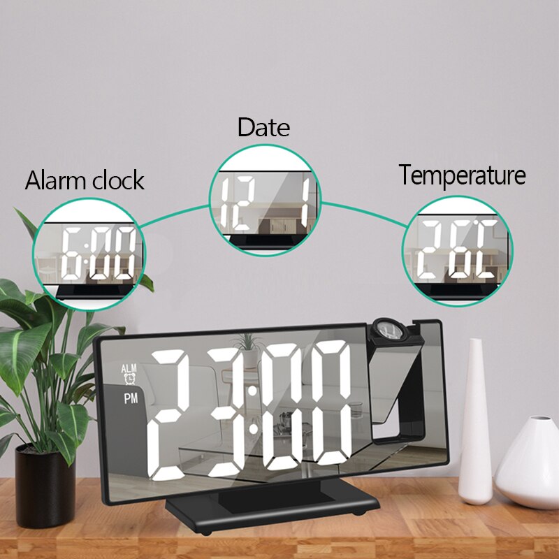 LED Digital Alarm Clock Radio Projection With Temperature And Humidity Mirror Clock Multifunctional Bedside Time Display