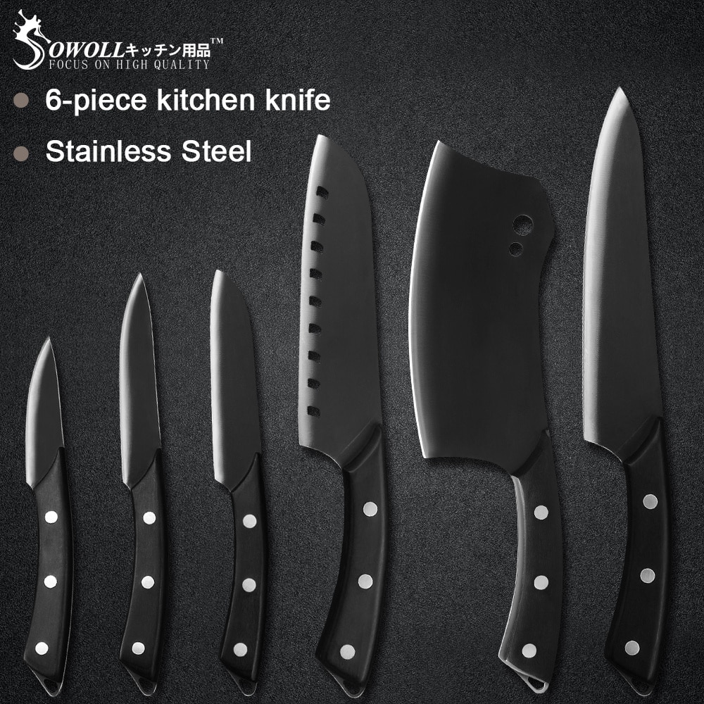 Sowoll Pro Kitchen Cooking Knives Set 8&#39;&#39; Chef 7&#39;&#39; Santoku Chopping 5&#39;&#39; Santoku Utility 3.5&#39;&#39; Paring Knife Sheath Cover Tools