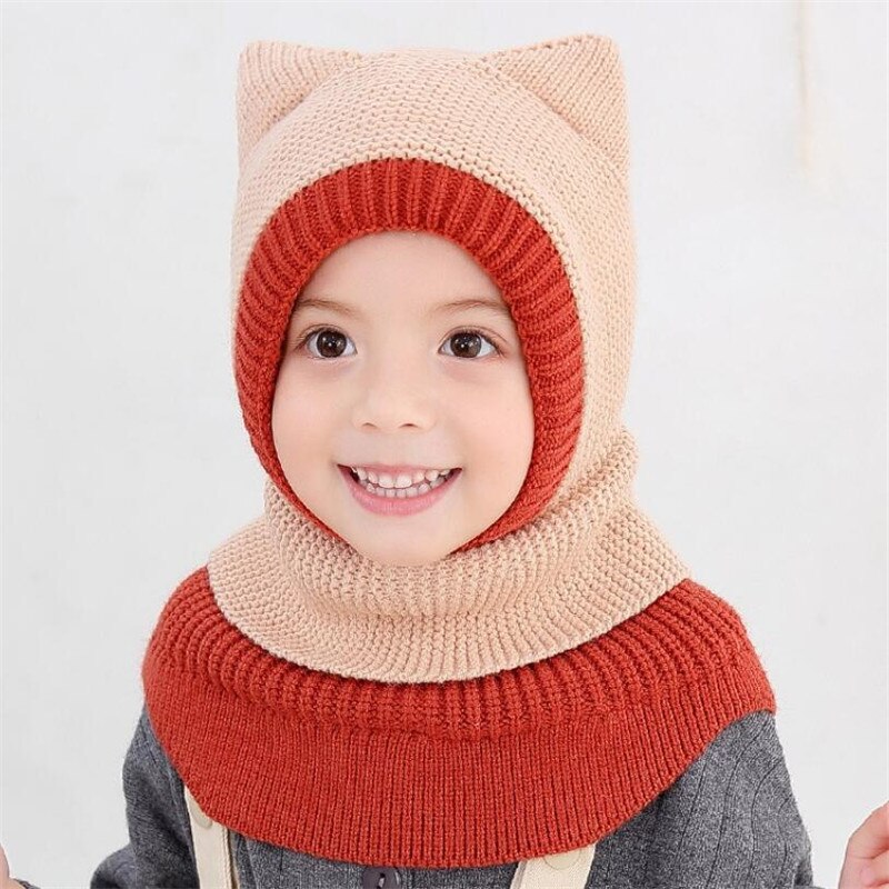 Knit Hooded Scarf Kids Hat And Scarf Child With Mask Winter Warm Protection Ear Cap Circulal Scarves Girls Boy Accessories: Orange