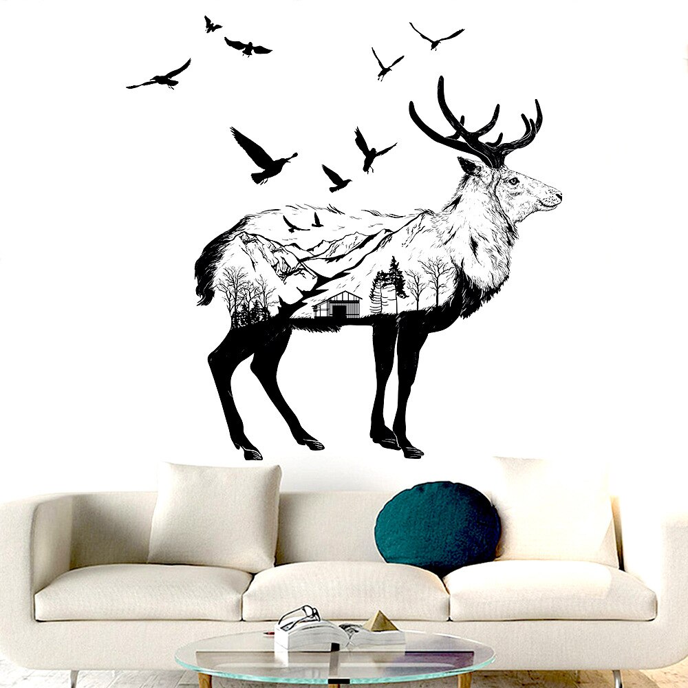Black White Animal Silhouette Elk Zebra Eagle Horse Wolf Tiger Giraffe Wall Stickers Living Room Bedroom Decor Wallpaper