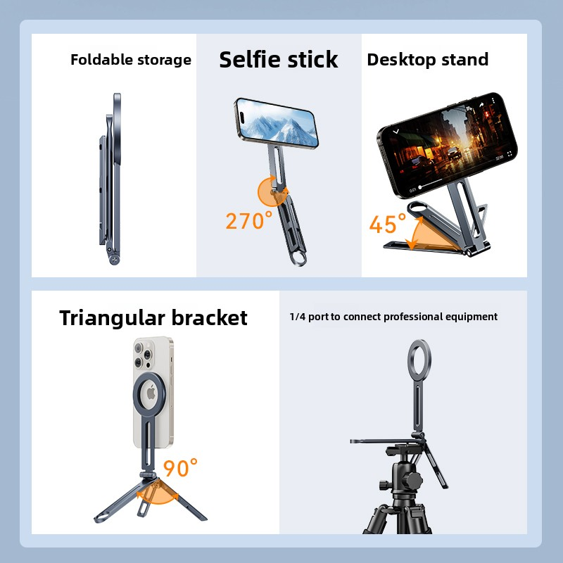 Foldable Magnetic Phone Tripod Holder Portable Travel Stand for IPhone & Android Hands-Free Video Shooting on Desk/Plane/Train