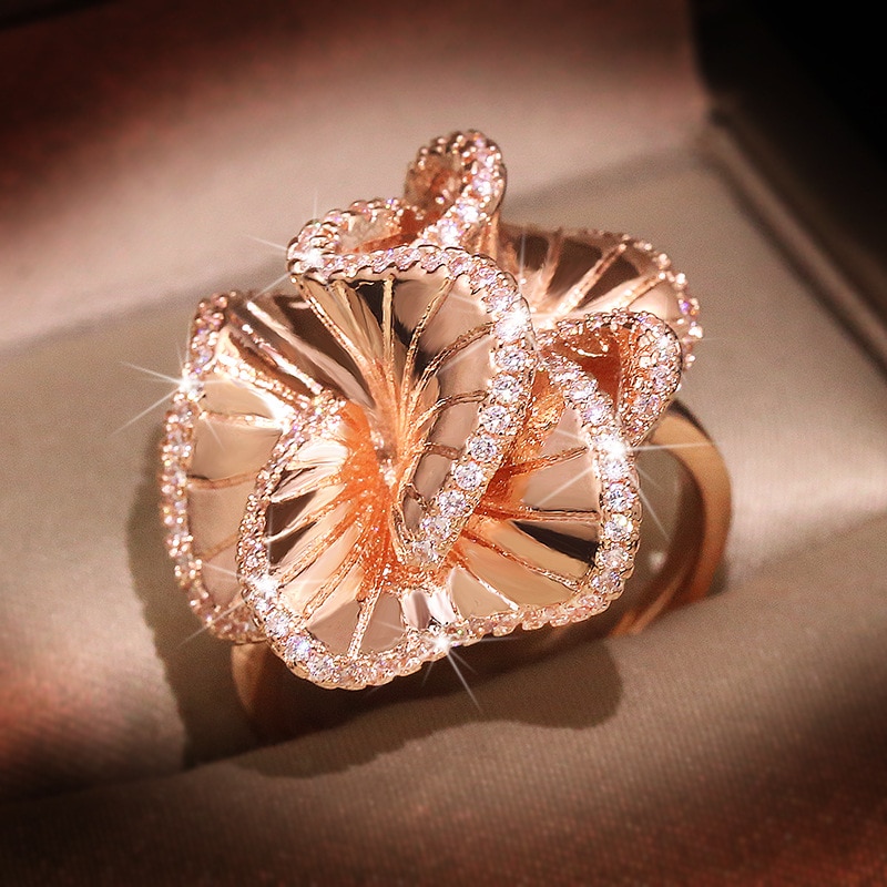 Camellia blomst aaa zirkon vielsesringe til kvinder luksus rose guld farve krystaller forlovelse brude ring trendy smykker