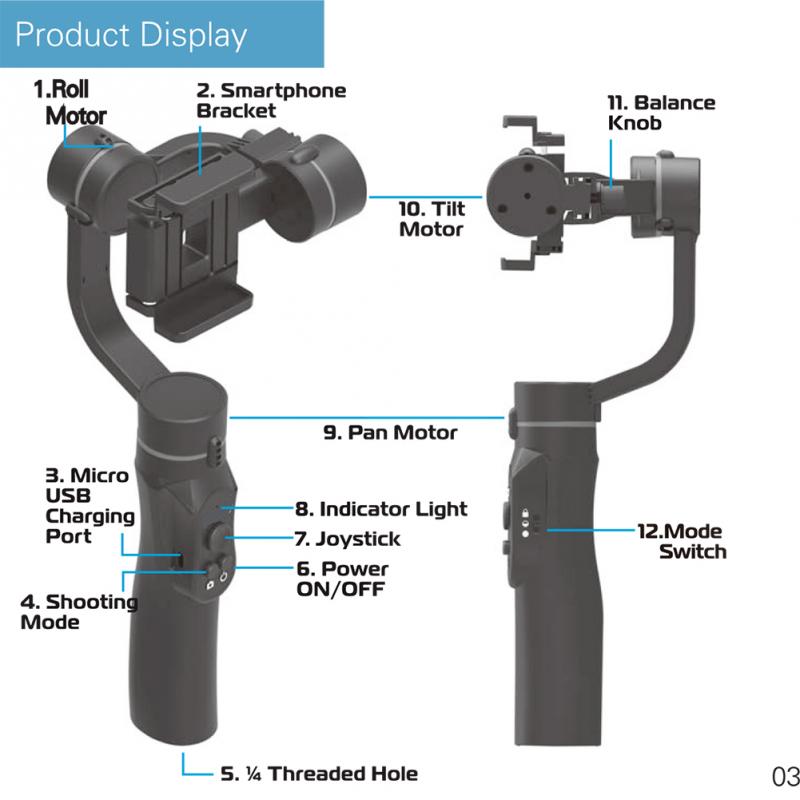 Gimbal Stabilizer for Smartphones & Action Cameras - Single Handle Bluetooth Mount