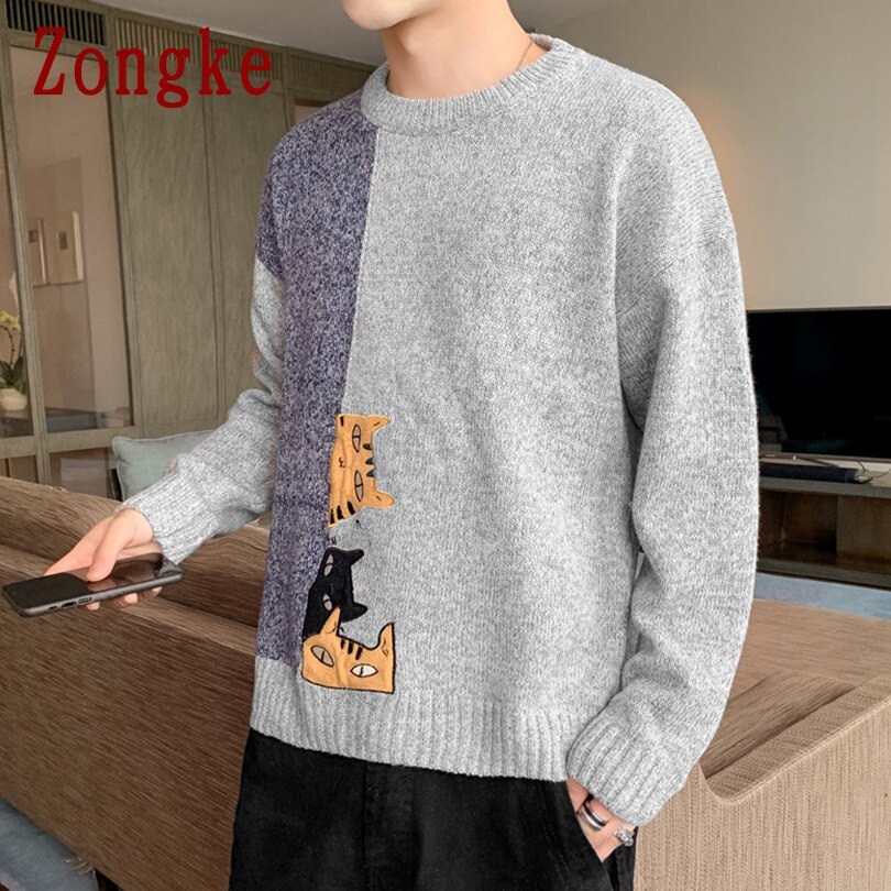 Zongke Cartoon Kat Gebreide Trui Mannen Koreaanse – Grandado