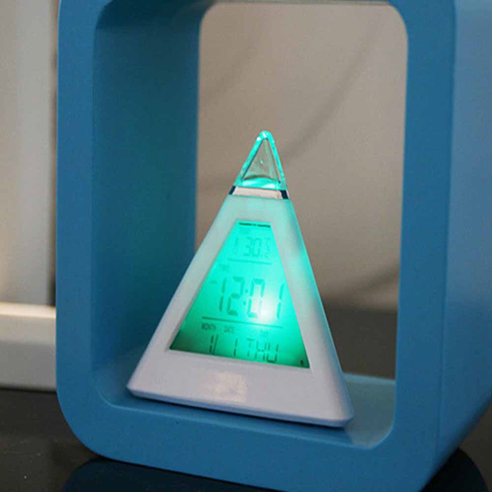 Gekwalificeerde piramide temperatuur 7 kleuren led verandering achtergrondverlichting led maan wekker piramide stemmingsklok