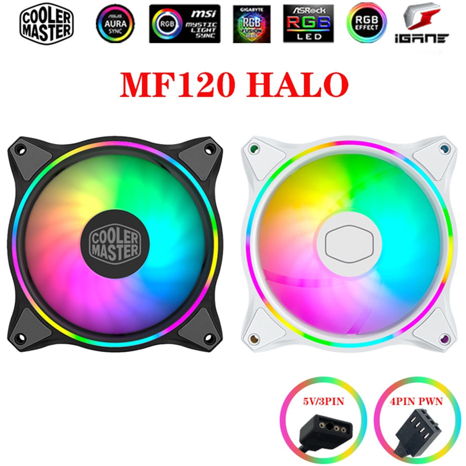 Cooler master  mf120 halo 120mm computer kabinet køleventilator 5v/3 pin adresserbar rgb pwm stille blæser cpu køler udskift blæser