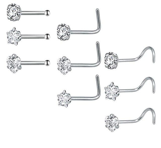 Zs piercing de nariz em aço inoxidável 3-12 porcelana, conjunto de pino redondo, estrela, coração, cristal cz, nariz, 3mm, forma de l, joia de piercing 20g: M-9pcs