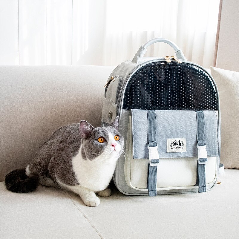 Mochila transpirable para transportar gatos y mascotas, bolsa de transporte plegable de gran capacidad, portátil, para viajes al aire libre: Gris