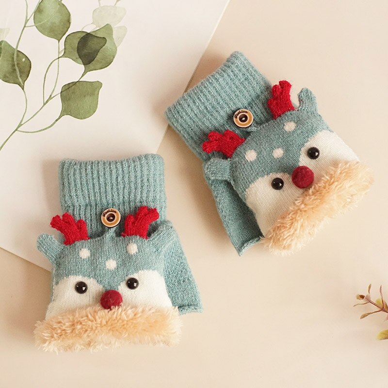 Kinderen Winter Handschoenen Kerst Leuke Cartoon Elanden Flip Halve Vinger Wanten Voor Meisje Jongen Kids Warme Pluche Gevoerd Vingerloze handschoenen: Green