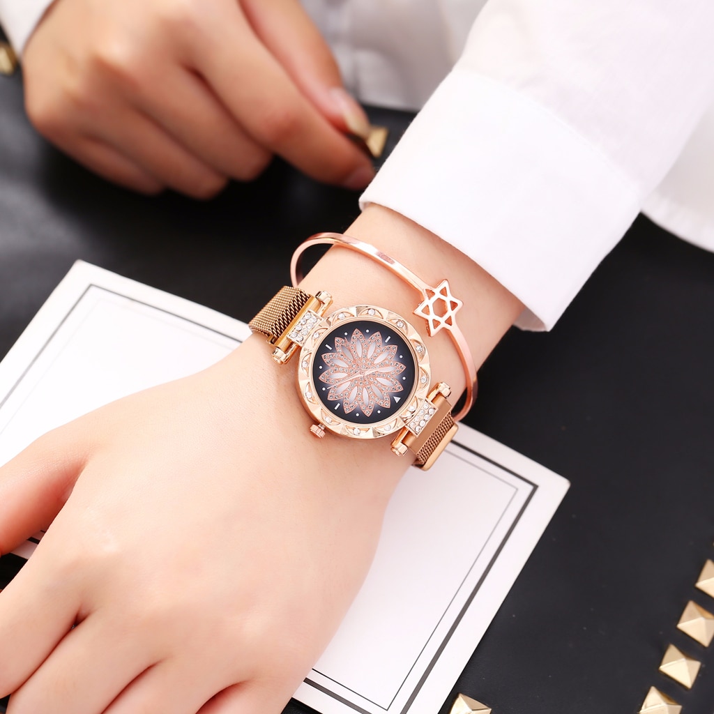 Dam magnet spänne stjärnhimmel blomklocka lyx dam strass kvarts klocka klocka relogio feminino