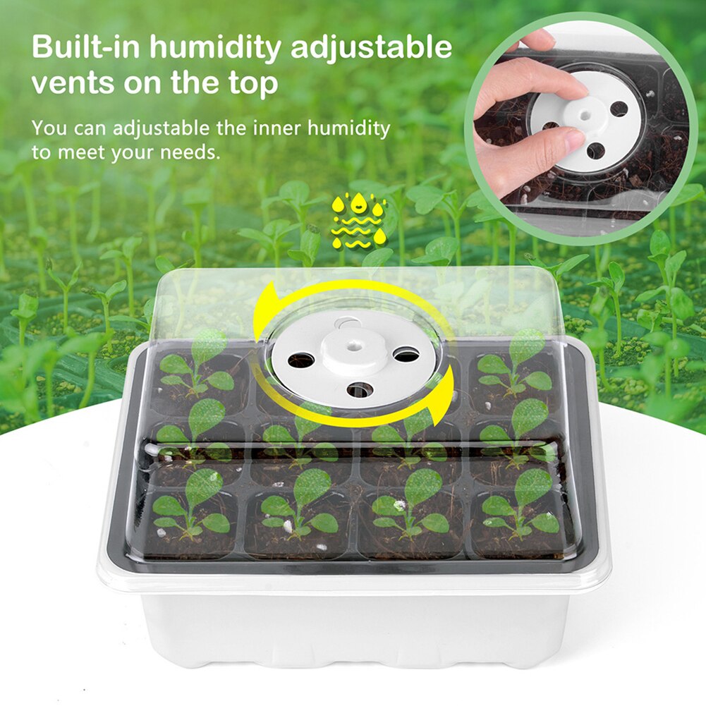 Plant Starter Tray Kit Nursery Sowing Indoor 12 Grid Germination Boxes Greenhouse Adjustable Dome Base Yard Breathable Holes