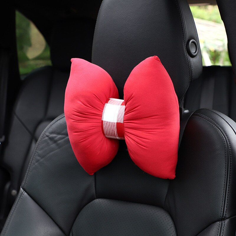 Oreiller avec nœud papillon pour appui-tête de voiture, 1 pièce, appui-tête à carreaux rouges, oreiller lombaire à carreaux noirs, coussin de siège, Kawaii, accessoires de voiture: Red Headrest