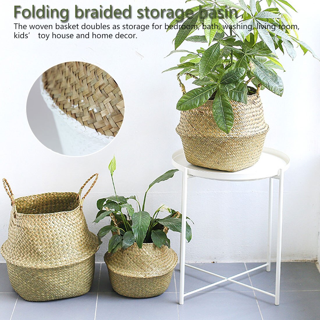 Håndlavet hængekurv planter kurv søgræs fletværk kurv bambus opbevaring kurve sammenfoldelig patchwork flet rattan seagra