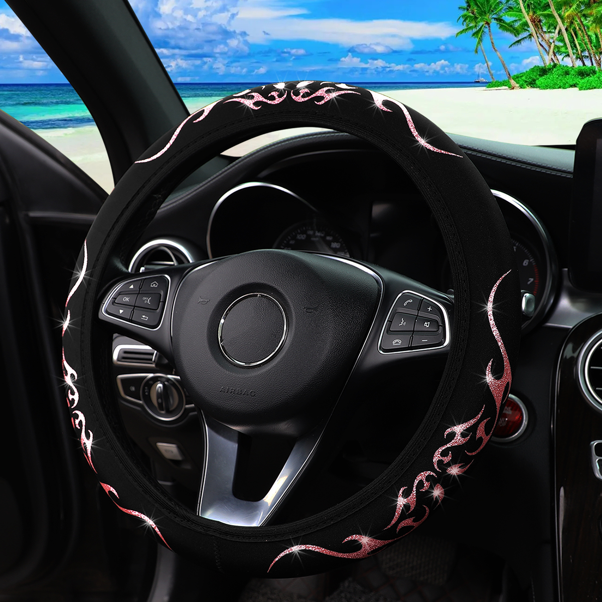 A Blingbling Flame Totem dynamic fabric car without inner ring steering wheel cover fits 14.5-15 inch automotive supplies: Pink