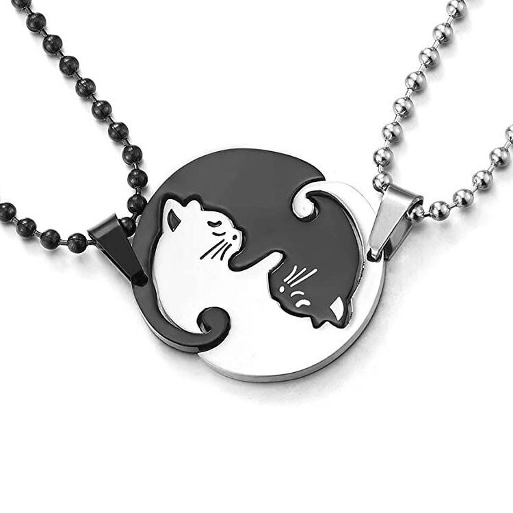 Paar Herz Halskette - Edelstahl - Tier Kat Anhänger - Trendy Schmuck Damen: Goldfarben