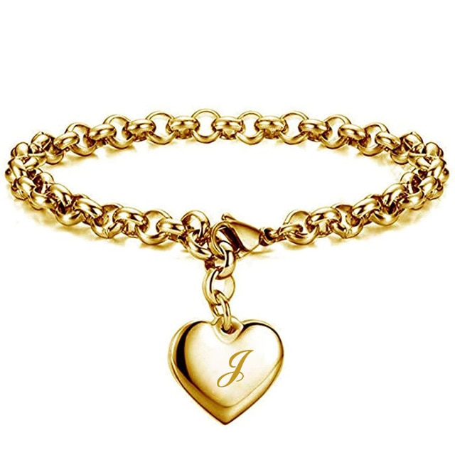 Bracelet avec lettres de l'alphabet en acier inoxydable, 26 lettres, breloque initiale, couleur or, pour femmes et filles, pour enfants: J