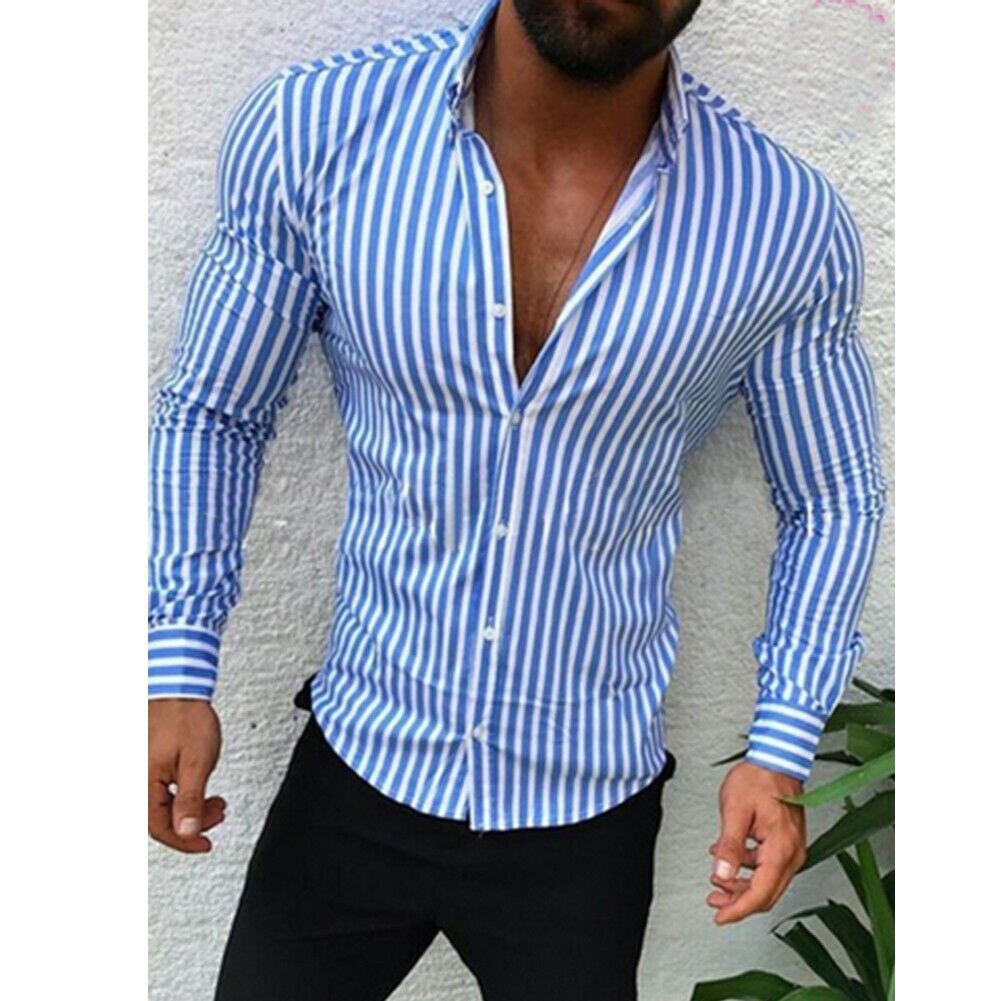 Miesten luksus tyylikäs slim fit business rento paita uusin sprintti syksy yksinkertainen raita pitkähihaiset paidat topit: Sininen / Xxxl