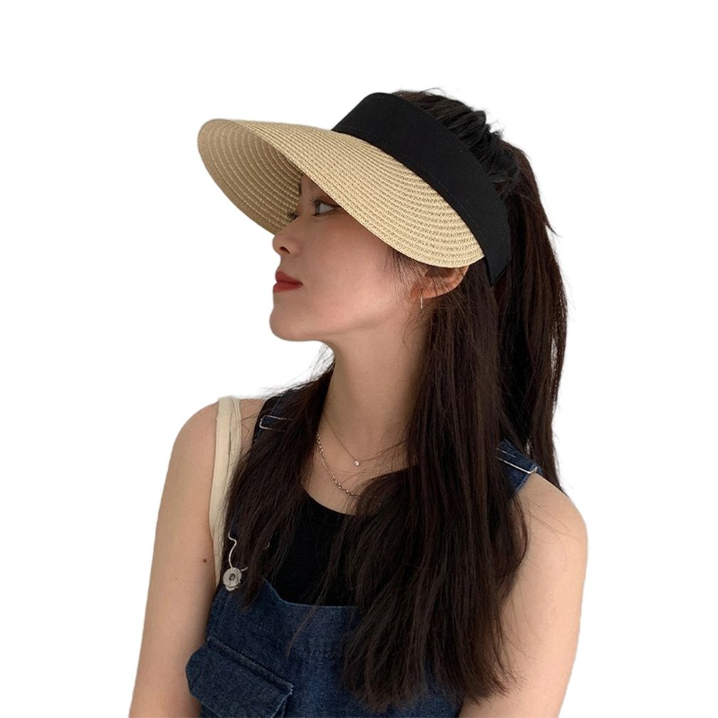 Chapeau de soleil à large bord pour femmes, à vide, pliable, Portable, décontracté, à la , en paille, visières, été: Beige