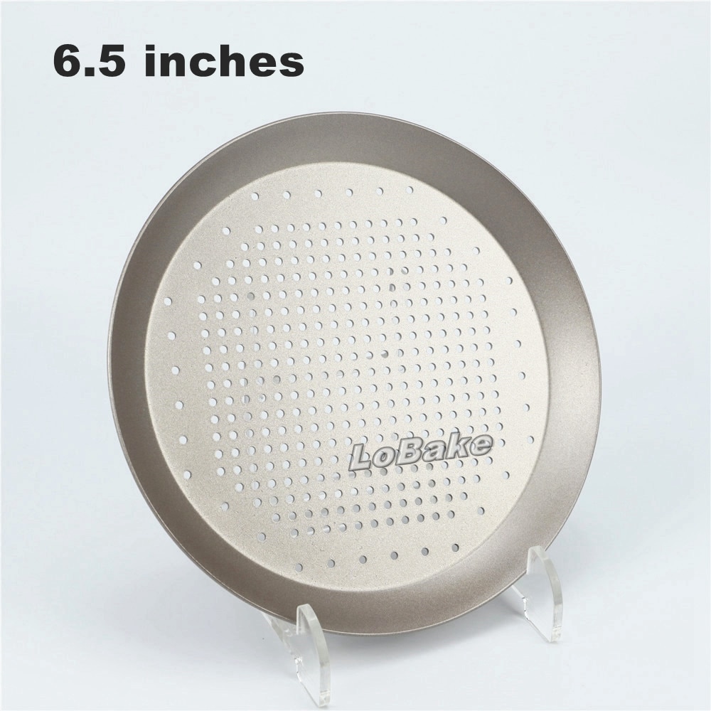 6.5 cm hoog, 2cm gaatjes, antiaanbaklaag, champagnekleurige ronde pizzapan van koolstofstaal, stenen, taartvorm, pannenkoekvorm, doe-het-zelf bakvorm