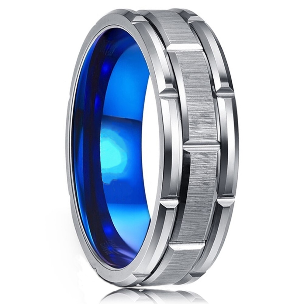 Modern Men 8MM pierścień ze stali nierdzewnej srebrny kolor szczotkowany podwójny rowek wzór męska obrączka Party biżuteria dla kobiet prezent: 6 / Blue