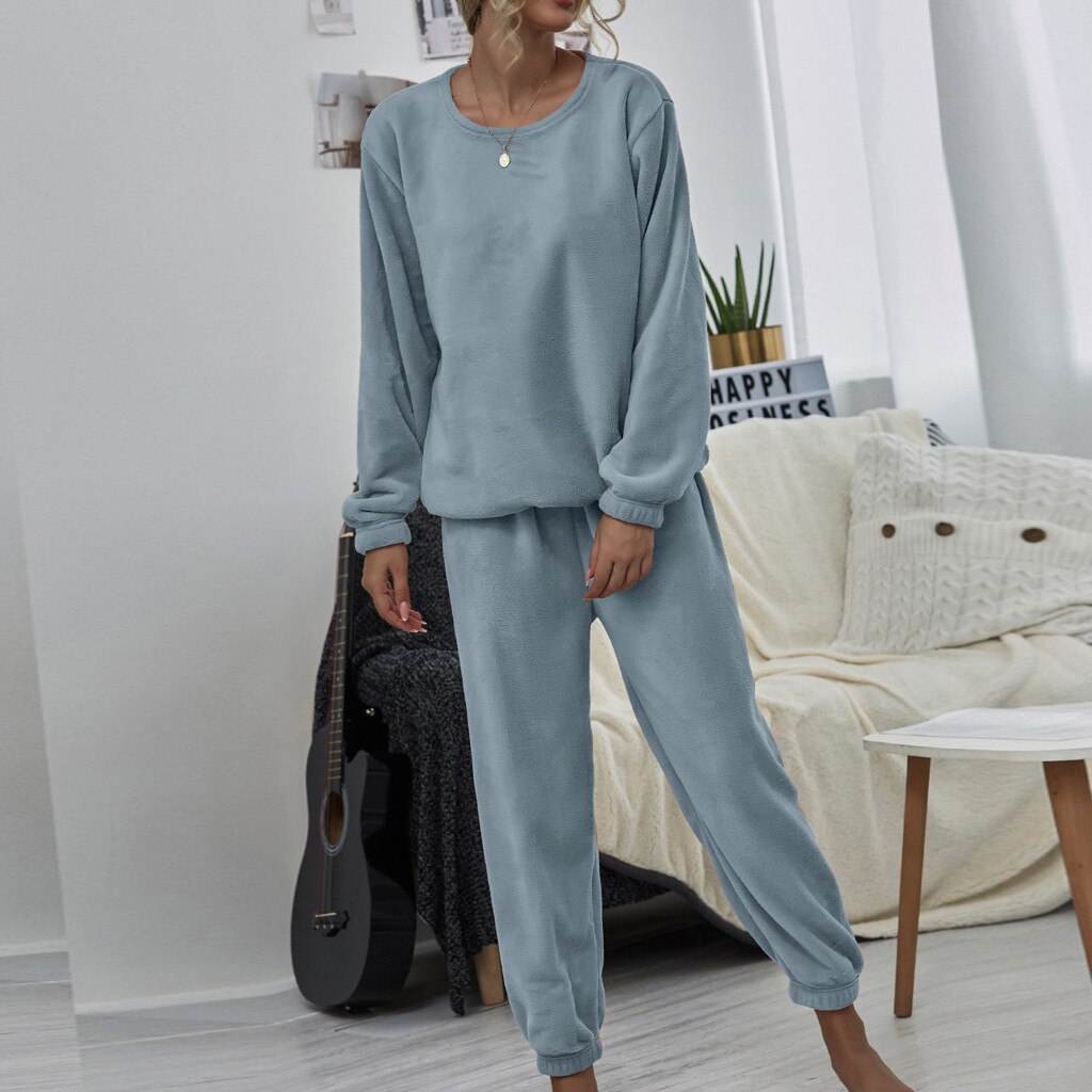 Winter Warme Pyjama 2 Stuk Flanellen Pyjama Set Leuke Effen Kleur Lange Broek Nachtkleding Homewear Vrouwen Print Lingerie Ronde hals #30: BU / L