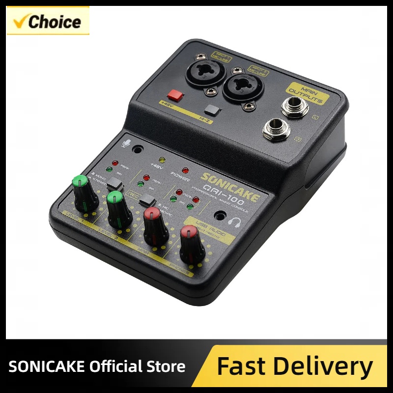 SONICAKE 2-Channel Mini Audio Mixer with Sound Card DJ Studio Music Recording Home Karaoke PC Compatible Mixing Console QAI-100