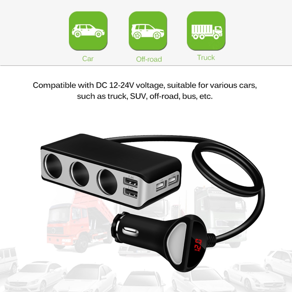 4 Usb-poort Auto-oplader 6.8A Usb Charger Voltmeter Met 3 Way Sigarettenaansteker Splitter 120W Power adapter Oplader