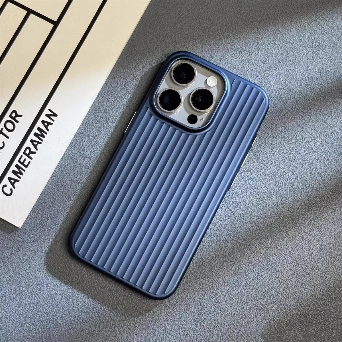 Luxury Natural Titanium PC Case for iPhone 16 15 14 13 Pro Max Plus Electroplated Grating Corrugated Hard Back Cover: for iphone14Plus(6.7") / Blue