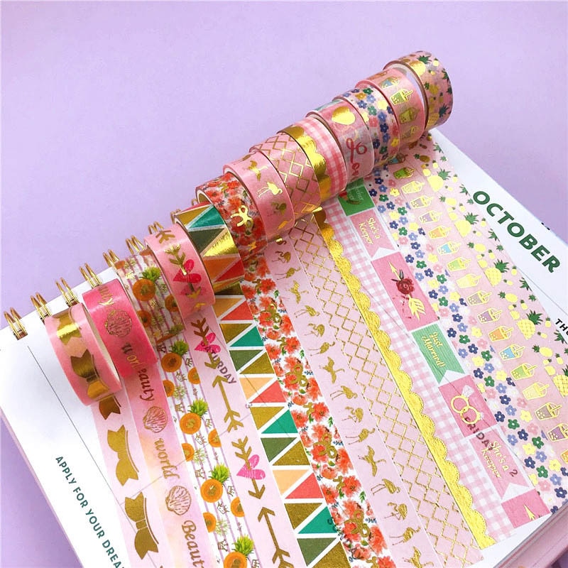 12 Stks/set Goudfolie Washi Tape Leuke Roze Masking Tape Decoratieve Tape Sticker Scrapbooking Diy Dagboek Briefpapier