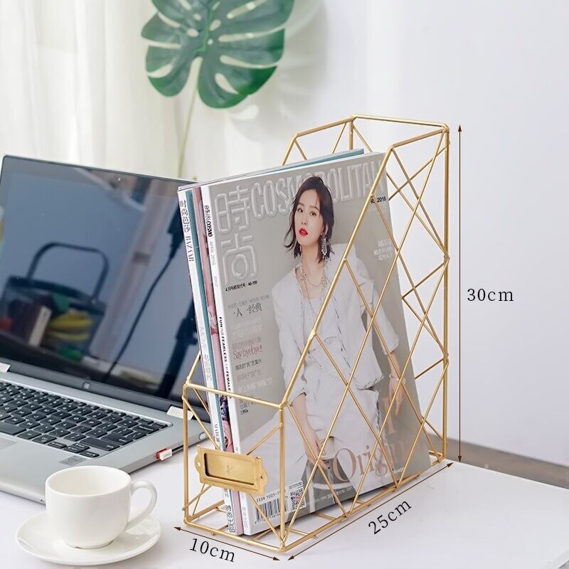 Wrought Iron Grid File Holder Simple Double Layer Desk Shelf Book Storage Office Student Supplies: Single layer gold