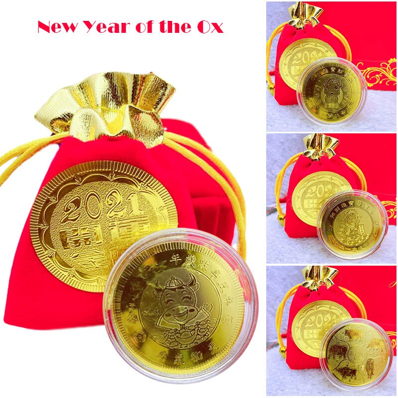 Year of The Ox Zodiac Gold Coin with Year Red Cloth Bag Commemorative Coin Feng Shui Decorations Supplies GHS99